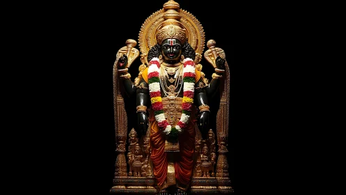Ornate black stone deity idol with gold archway and garlands.