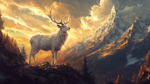 Dawnlit white stag crowned by blazing alpine ramparts of gold.