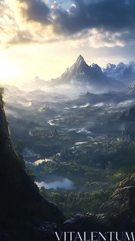 Sunlit fantasy valley with distant spires and high peaks.