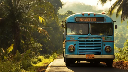 Blue regional bus on narrow tropical roadside route.
