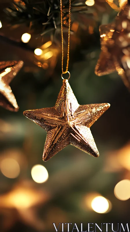 Golden star ornament in shallow-focus festive bokeh scene.