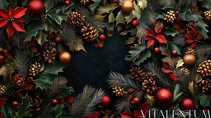 Festive evergreen garland frame with ornaments on dark background