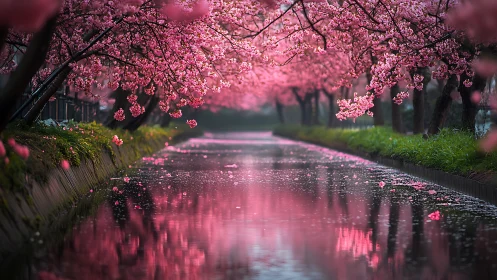 Cherry blossom trees arching over a calm reflective canal.