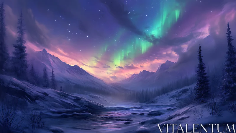 Aurora-lit alpine river valley under violet twilight sky.