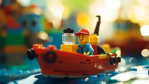 Lego boat model with minifigure in shallow focus scene.