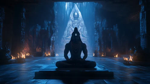 Meditating ascetic sits before colossal cave deity relief