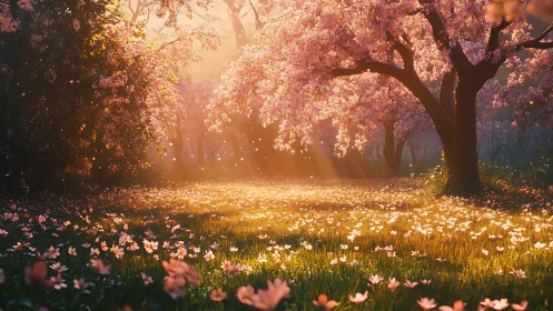Backlit cherry blossom grove with golden volumetric sunlight
