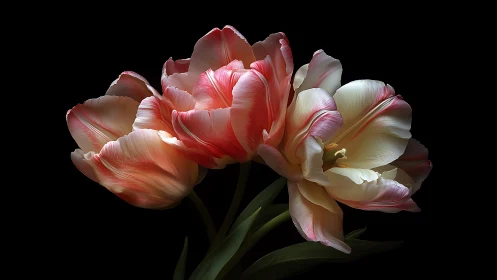 Multicolored parrot tulips arranged against dark background