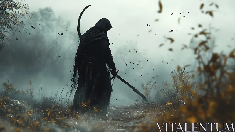 Grim harvester stalks a fogbound path with sword and scythe.
