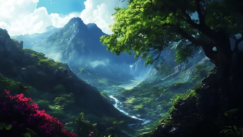 Emerald valley inhales light while distant waterfalls whisper