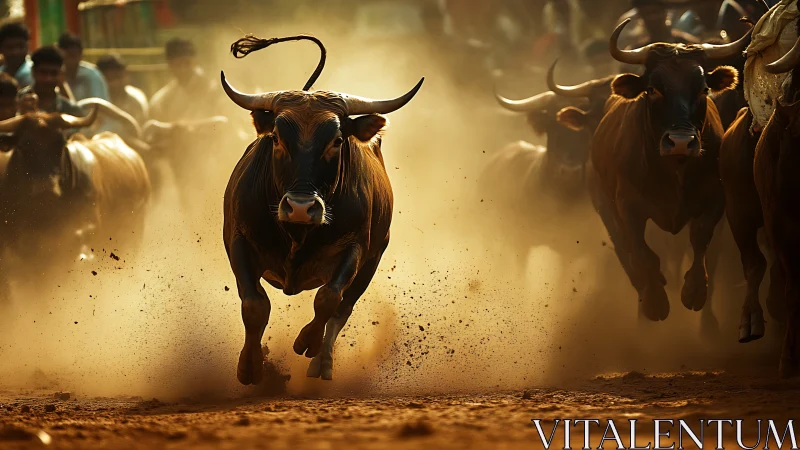 Cinematic bull charge in dynamic shallow-depth arena dust storm.
