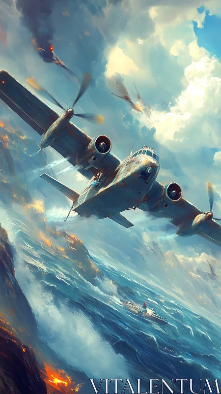 Dynamic warplane over storm-tossed ocean in digital painting.