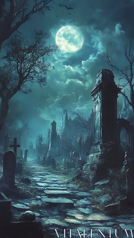 Moon-drenched graveyard path under whispering haunted skies.