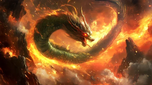 Infernal serpent dragon coils through blazing volcanic sky.