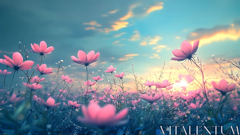 Pink cosmos flowers with rendering in tonal gradient against illuminated sky