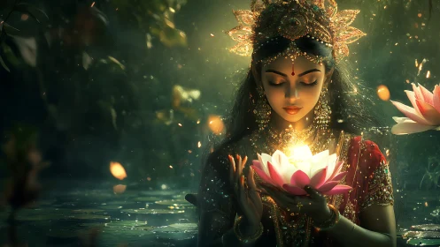 Luminescent lotus ritual with jeweled goddess in forested mist.