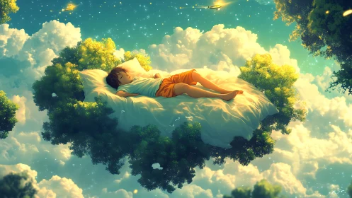 Dreaming child floats on a cloud bed in golden starlit sky.