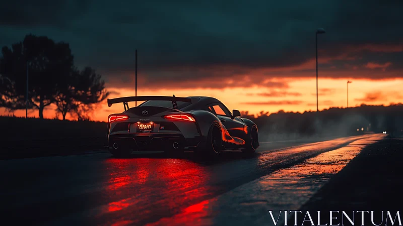 Rear view sports coupe travels on wet road at sunset