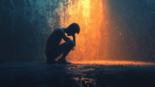 Silhouetted figure kneels in rain before searing light wall