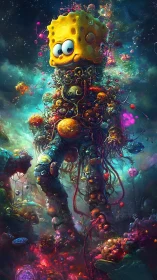Surreal sponge-headed biomech titan strides through neon cosmos