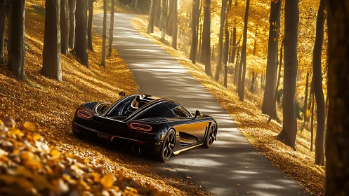 Black sports car on forest road amid dense autumn foliage.