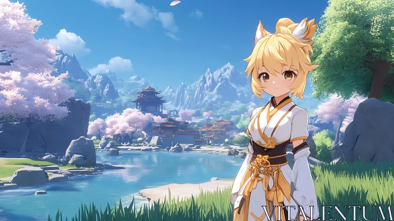 Fox-eared anime girl beside serene sakura river valley.