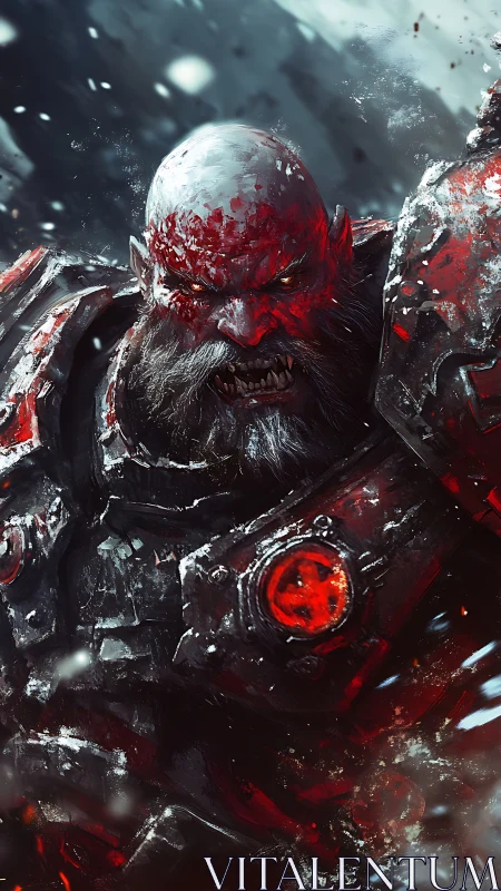 Battle-scarred warlord in crimson heavy armor, digital painting.