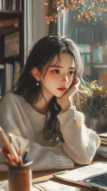 Cozy autumn afternoon with a daydreaming girl by window light.