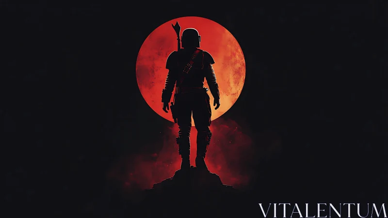 Armored sci fi figure silhouetted against large red moon.