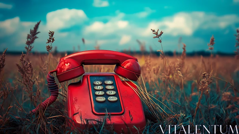 Runaway red telephone dreaming in a storm-bright meadow.