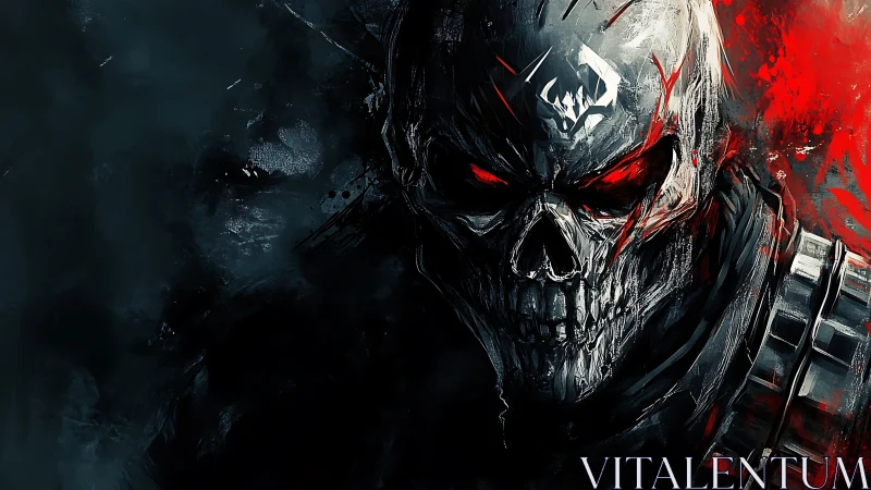 Digital painting of infernal cyber-skull portrait, red-highlighted.