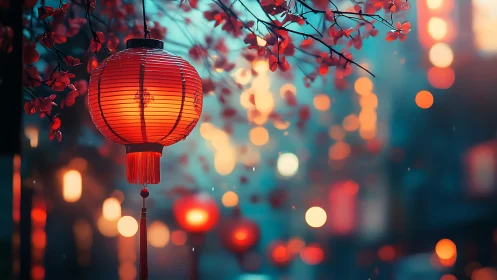 Red paper lantern glows with shallow depth of field in rainy street scene
