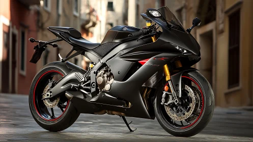 Stealth black supersport motorcycle in sunlit urban alley.