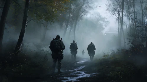 Armed patrol moving through dense misted forest path.
