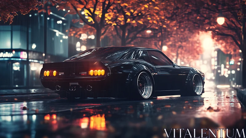 Black muscle car on wet city street under autumn lights.