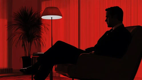 Silhouetted seated figure in red lit interior setting