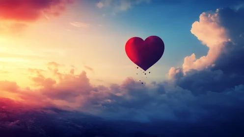 Heart-shaped hot air balloon ascending through dramatic cloud layers at sunrise.