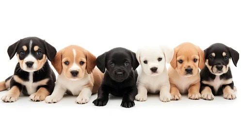Row of colorful puppies sits against a bright white backdrop