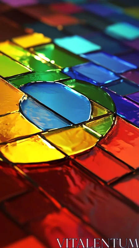 Vibrant stained glass mosaic with luminous circular focus.