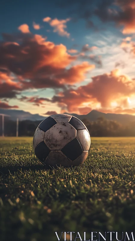 Low-angle sunset view isolates worn soccer ball on pitch