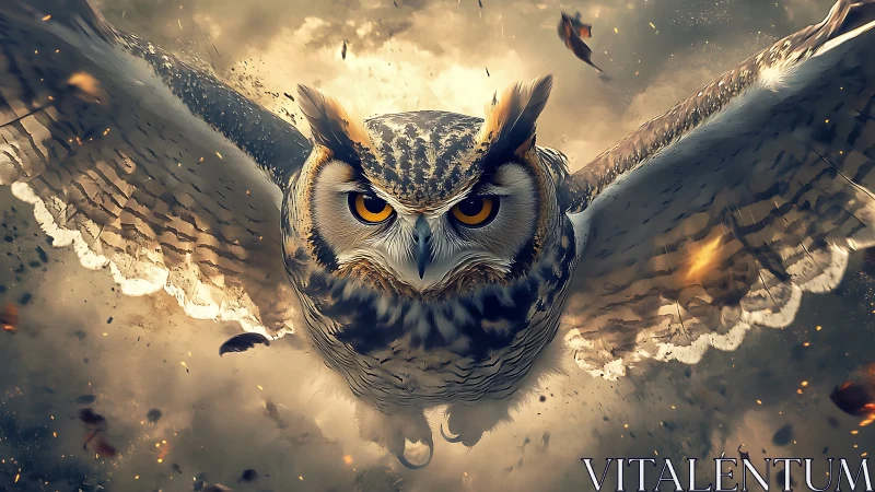 Majestic owl in flight amid dramatic stormy sky, digital art.