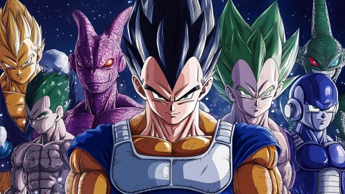 Stellar warriors gather under a stormy cosmic sky.