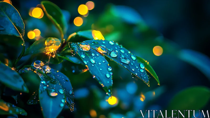 Rain-kissed leaves sparkle gently against soft golden lights