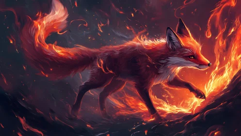 Fiery red fox strides through swirling flames in darkness