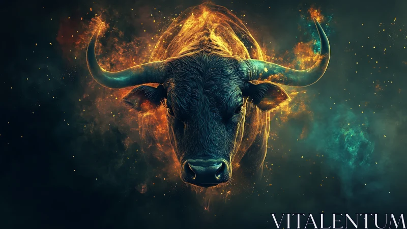 Fiery cosmic bull head emerges through swirling nebula flames.
