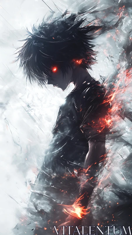 Dark anime figure with burning eyes amid swirling embers.