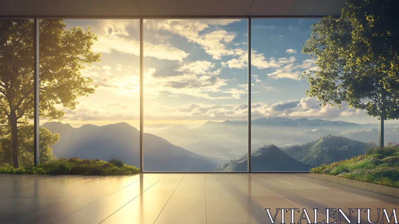 Panoramic glass interior framing luminous mountain sunrise.