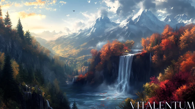 Waterfall carves silver thunder beneath autumn mountains