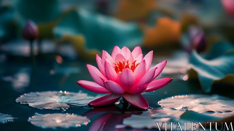 Pink water lily is positioned centrally on a reflective pond