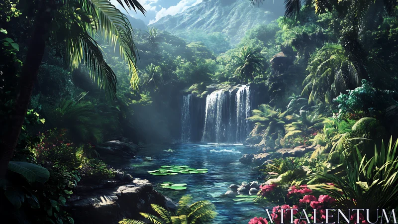 Lush jungle waterfall pool under bright tropical sunlight.